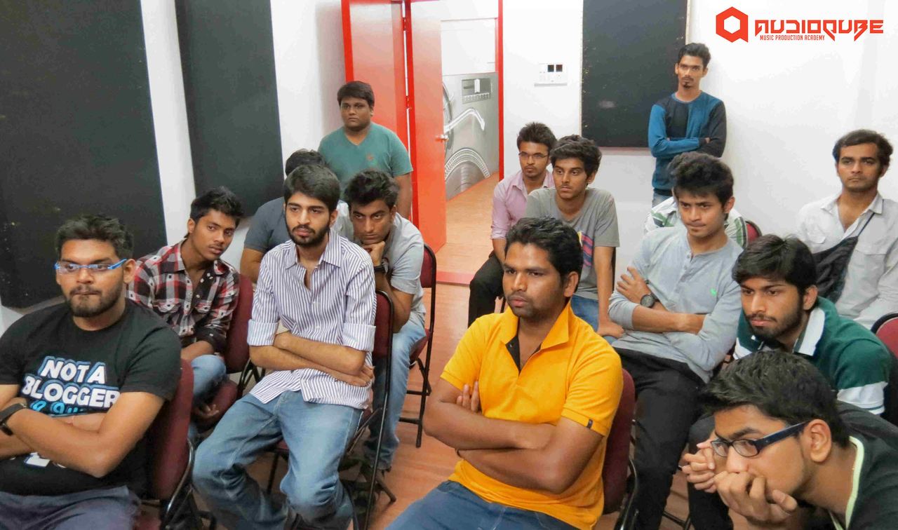 Students seated and listening during the Sound Avtar masterclass at Audioqube